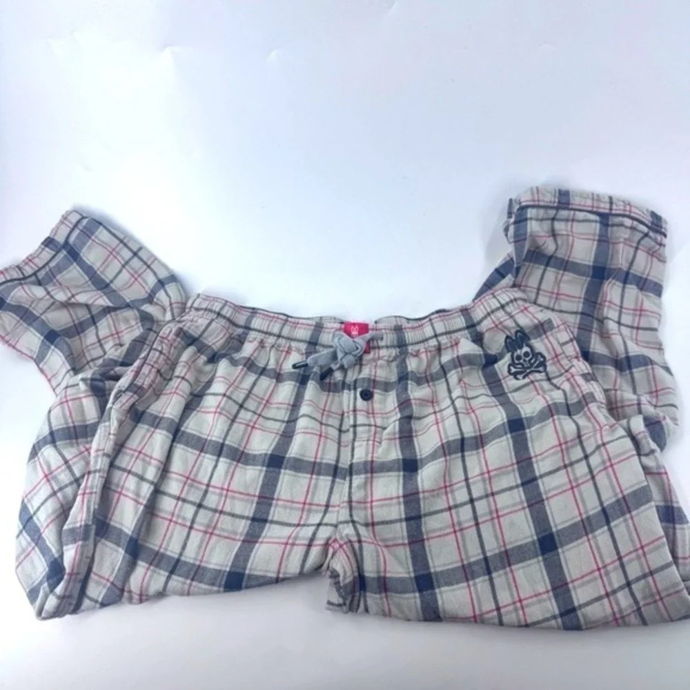 Psycho Bunny Mens Plaid Flannel Pajama Lounge Pants XL Cream‎ Navy Red Logo